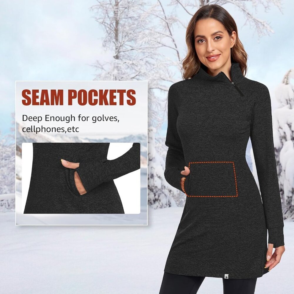 Women's Fleece Running Dress Tunic Sweatshirt 1/4 Zip Mock Neck Dress Black - Picture 3 of 5